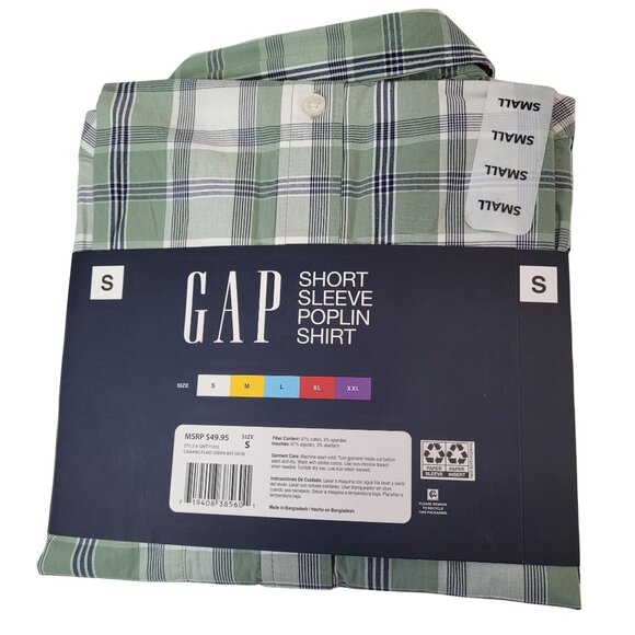 GAP Men's Green Plaid Short Sleeve Button-Up Poplin Cotton Shirt Small New - Picture 12 of 12